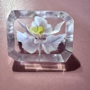 Genuine Orchid Flower Brooch Pin – Lucite White‎ Yellow Rectangle Unique Design